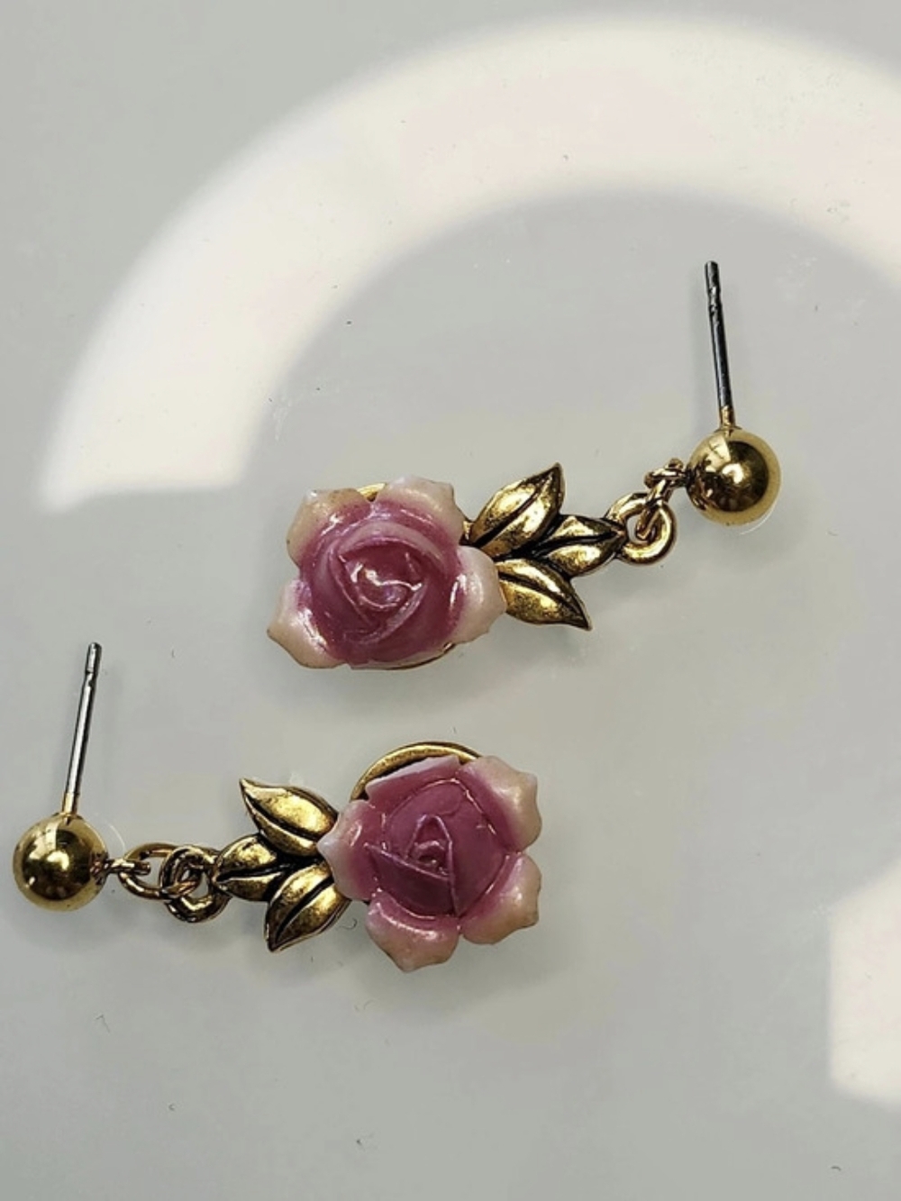 Pink Rose Flower Petals Gold Base Drop Earrings 1 Inch Heavy